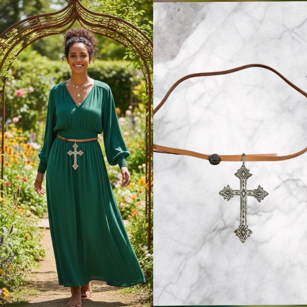 Vintage Women's Leather Hip Belt w Large Crucifix Cross Pendant EUC